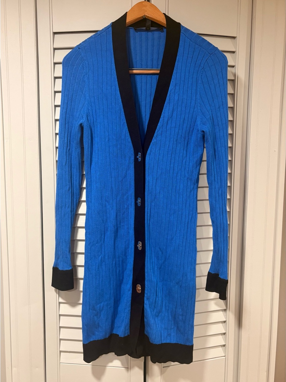 White House Black Market Blue L/S Ripped Toggle Cover Up Sweater